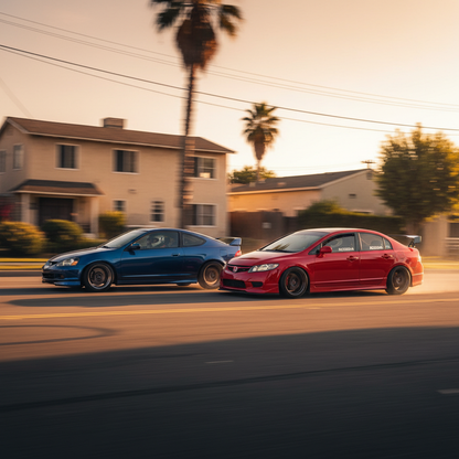 Create a square image of a Acura RSX and a Honda Civic Si and SiR 2006 2.0L side by side, driving fast on an L.A. neighborhood, showing excitement