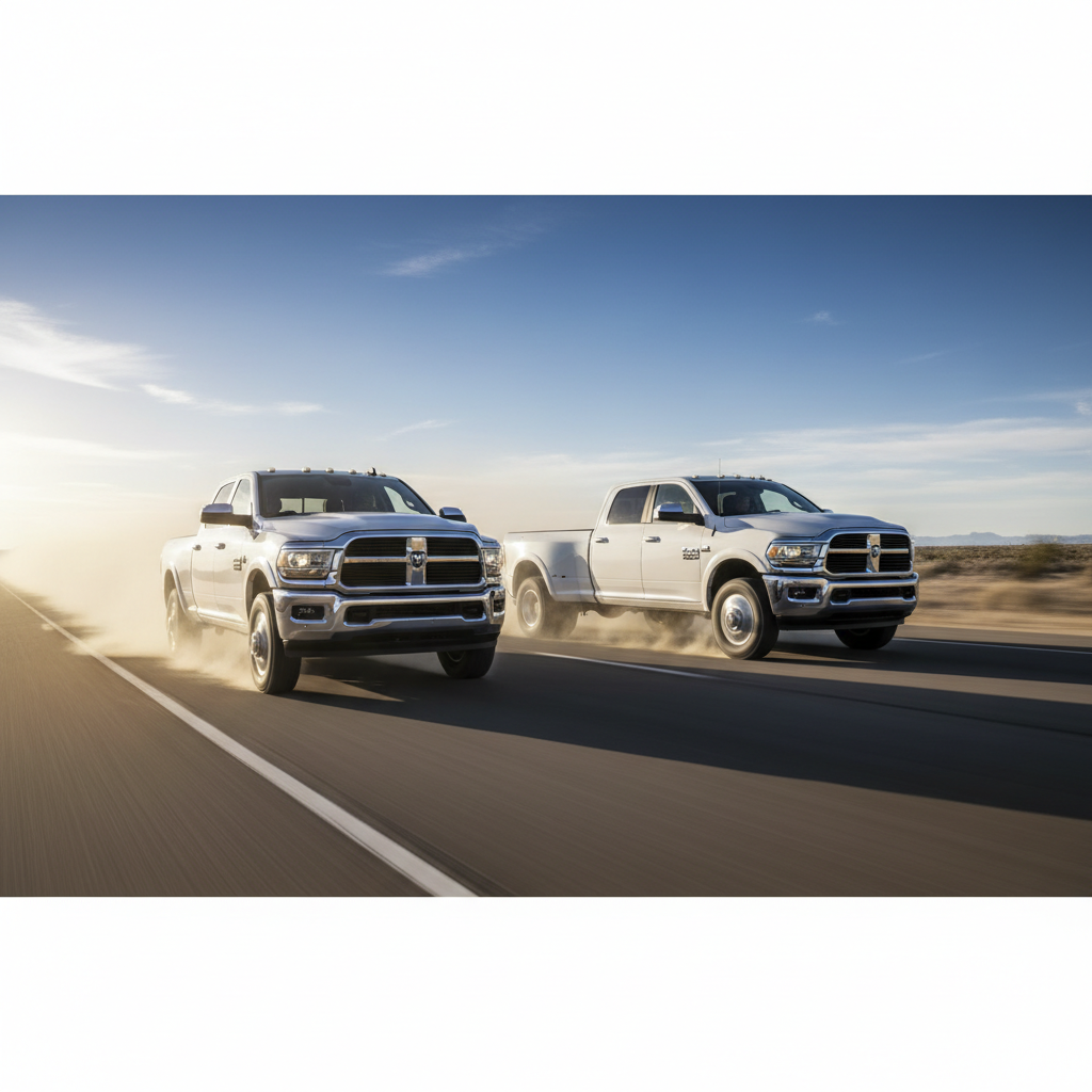 Create a square image of a Dodge Ram 2500 3500 2018 6.4L side by side driving fast on the open road with excitement