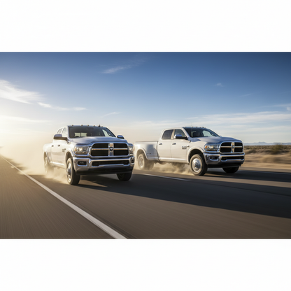Create a square image of a Dodge Ram 2500 3500 2018 6.4L side by side driving fast on the open road with excitement