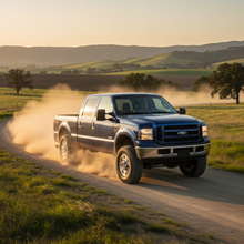 create a square image of a Ford F-250 F-350 & F-450 Powerstroke 2007 6.0L Diesel Turbo driving fast, with excitement on the open country side road