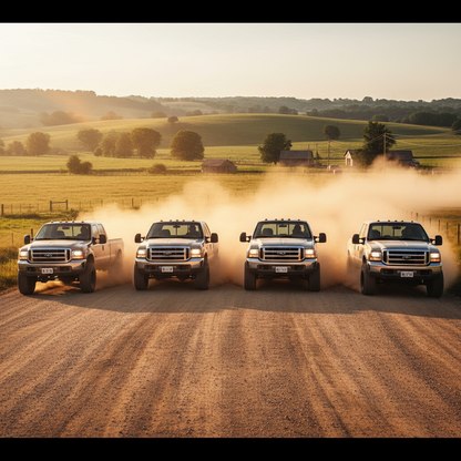 create a square image of a Ford F250, F350, F450, F550 2004 6.8L, side by side, on the country roads, showing excitement, driving fast