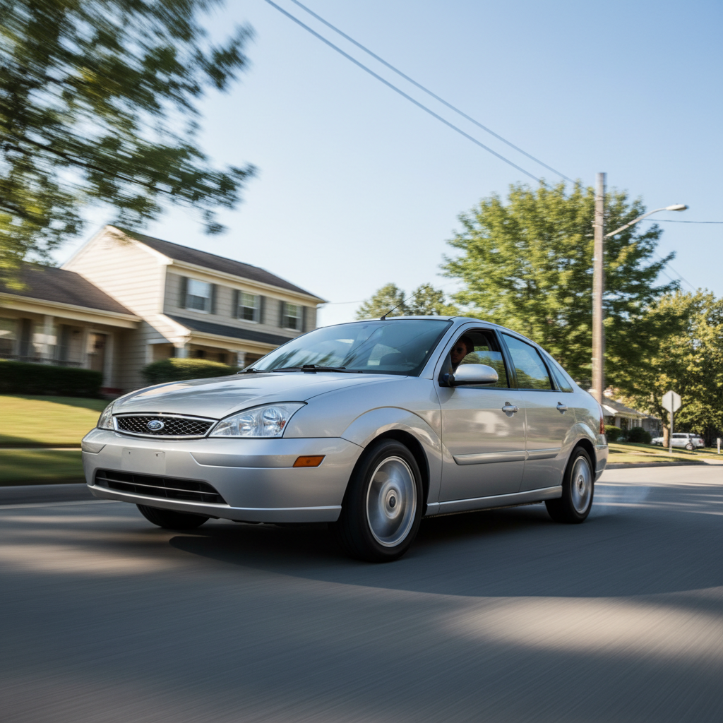Create a square image of a Ford Focus 2003 2.0L driving fast on the open road in the neighborhood, show excitement