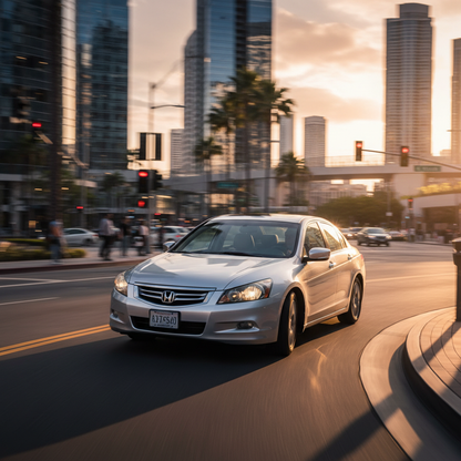 Create a square image of a Honda Accord 2007 3.0L driving through the city showing excitement