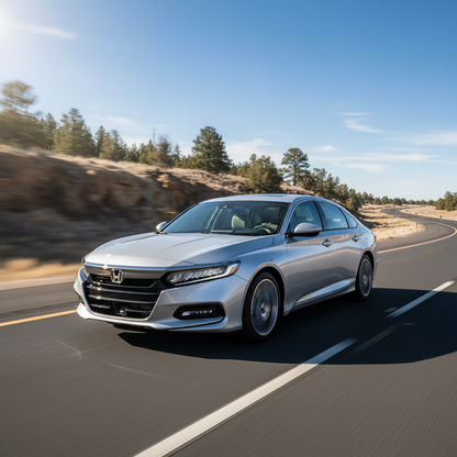 Create a square image of a Honda Accord 2021 2.0L driving fast on the open road with excitement