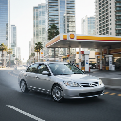 Create a square image of a Honda Civic 2005 1.7L l4 on the open road in the city passing through gas station, show excitement 