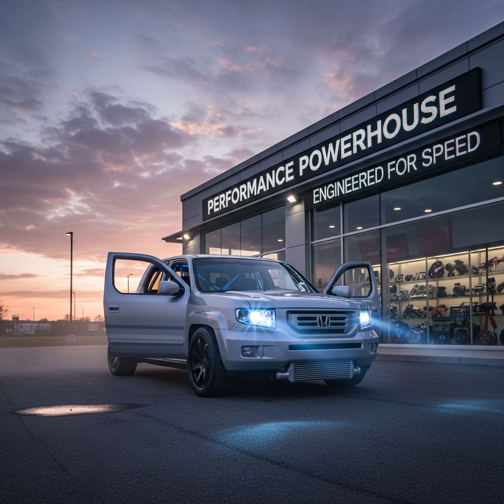 Create a square image of a Honda Ridgeline 2008 3.5L outside an auto performance shop with its doors opened, glaring and showing excitement