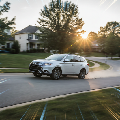 Create a square image of a mitsubishi outlander 2020 2.0L driving fast, on a small town road with excitement 