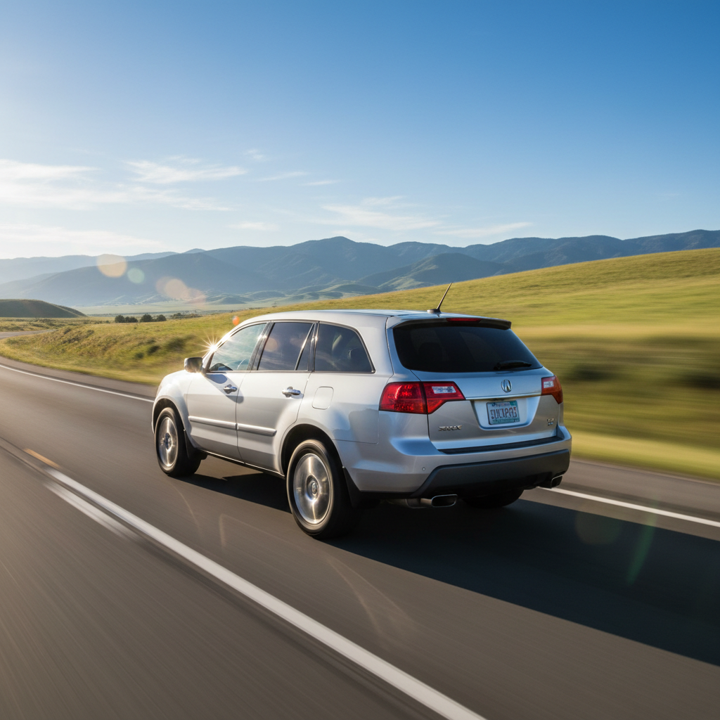 create a square image of an Acura MDX 2006 3.5L on the open road, driving fast with excitement