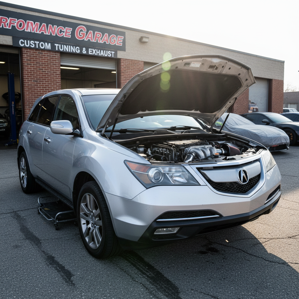  Create a square image of an Acura MDX 2009 3.7L V6 outside a performance shop with glare and hood opened