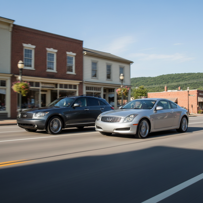 create a square image of an Infiniti FX35 G35 2006 Coupe & Sedan 3.5L V6 side by side, driving fast on the open road of a small town 