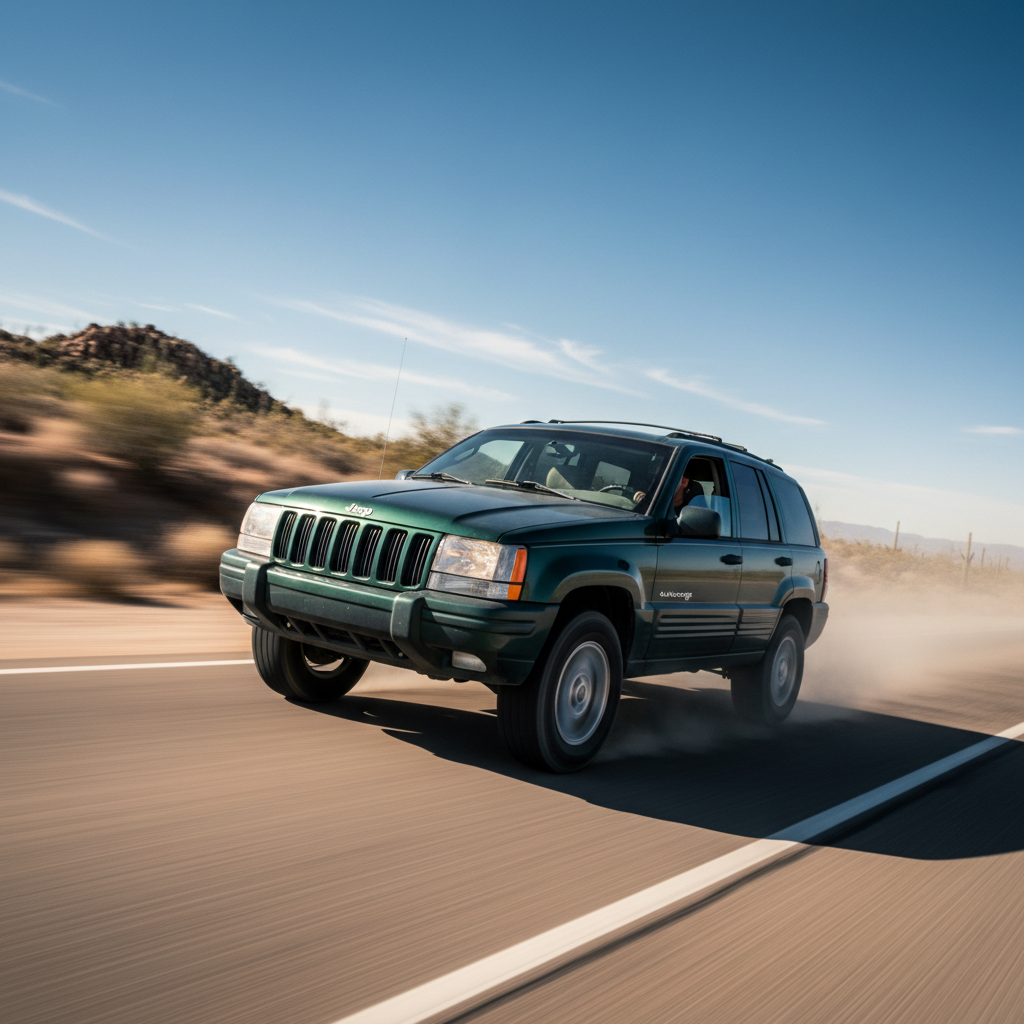 create a square image of Jeep Grand Cherokee 1998 4.0L L6 driving fast in open road 