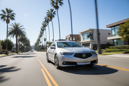 create an image of an Acura TLX 2018 2.4L driving fast on the open road of a Los Angeles neighbhorhood, showing excitement