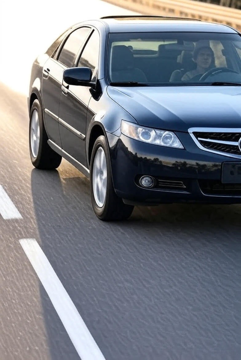 Dark blue sedan driving on the highway