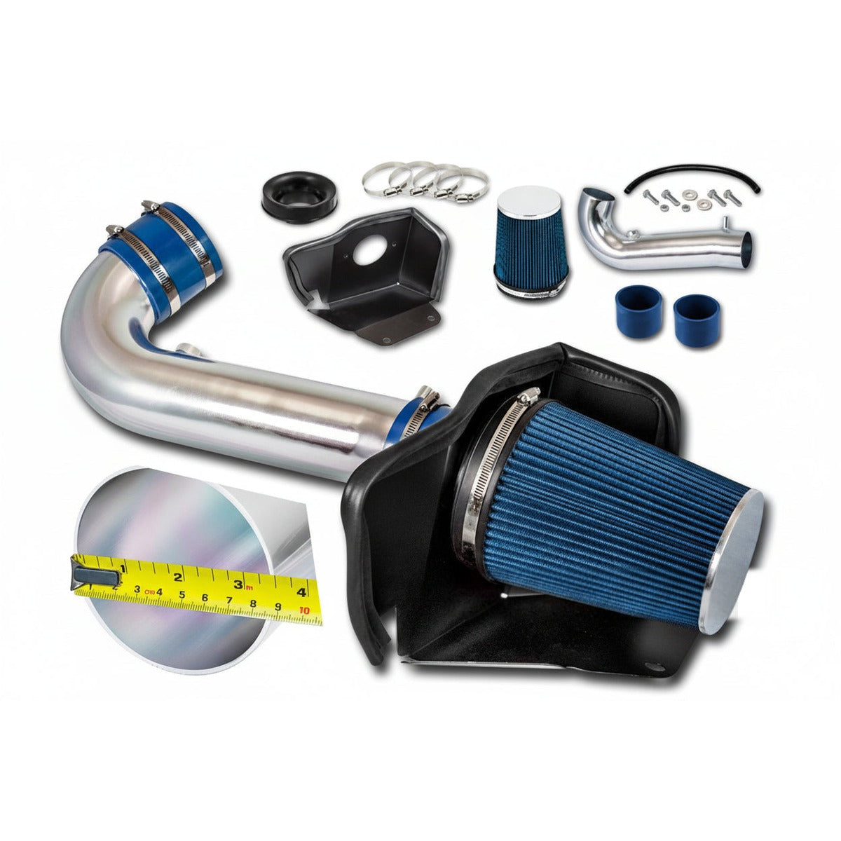 Complete Dodge Durango 5.7L HEMI cold air intake kit contents - intake tube, heat shield, blue cone filter, couplers, clamps and mounting hardware, with tape measure showing tube diameter
