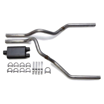Dual muffler-back exhaust kit for 1999-2006 GMC Sierra 4.3L 4.8L 5.3L - 2-chamber muffler with 3 in inlet and dual 2.5 in outlets, two mandrel-bent aluminized tailpipes, clamps and hangers