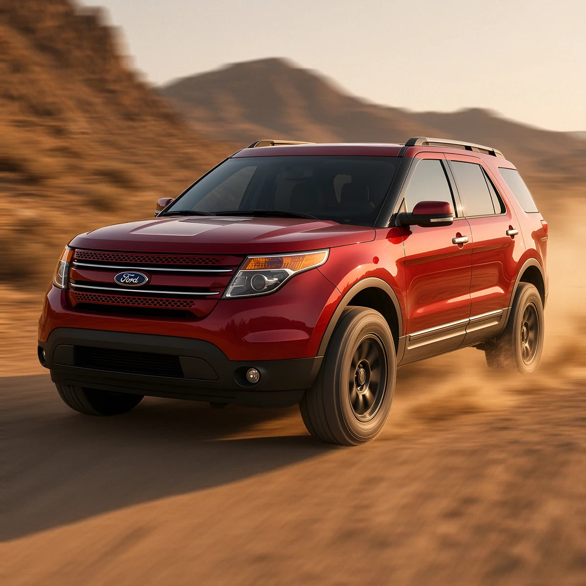 Red 2011-2015 Ford Explorer with black off-road wheels and all-terrain tires driving fast on a desert dirt road