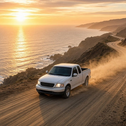 Ford pickup driving on a coastal dirt road