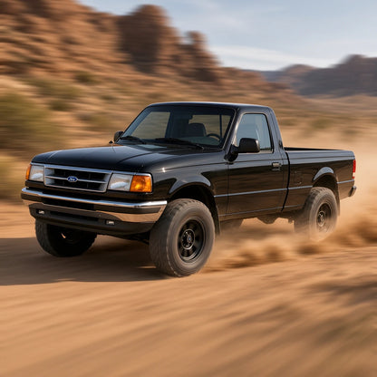 Black 1995-1997 Ford Ranger regular cab on off-road tires speeding down a desert trail