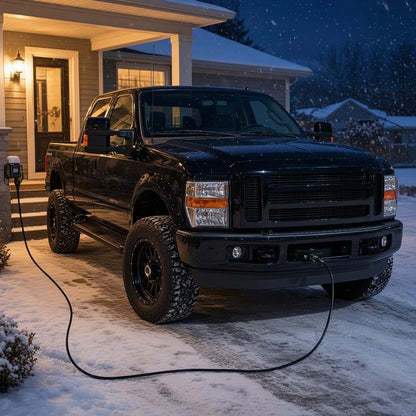 Black 2008-2010 Ford F-250 Super Duty parked in a snowy driveway at night with the block heater cord plugged into an outdoor outlet