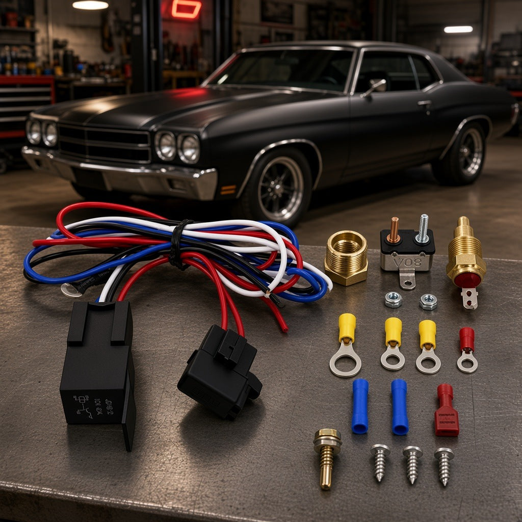 Electric fan thermostat relay wiring kit on a hot-rod garage workbench