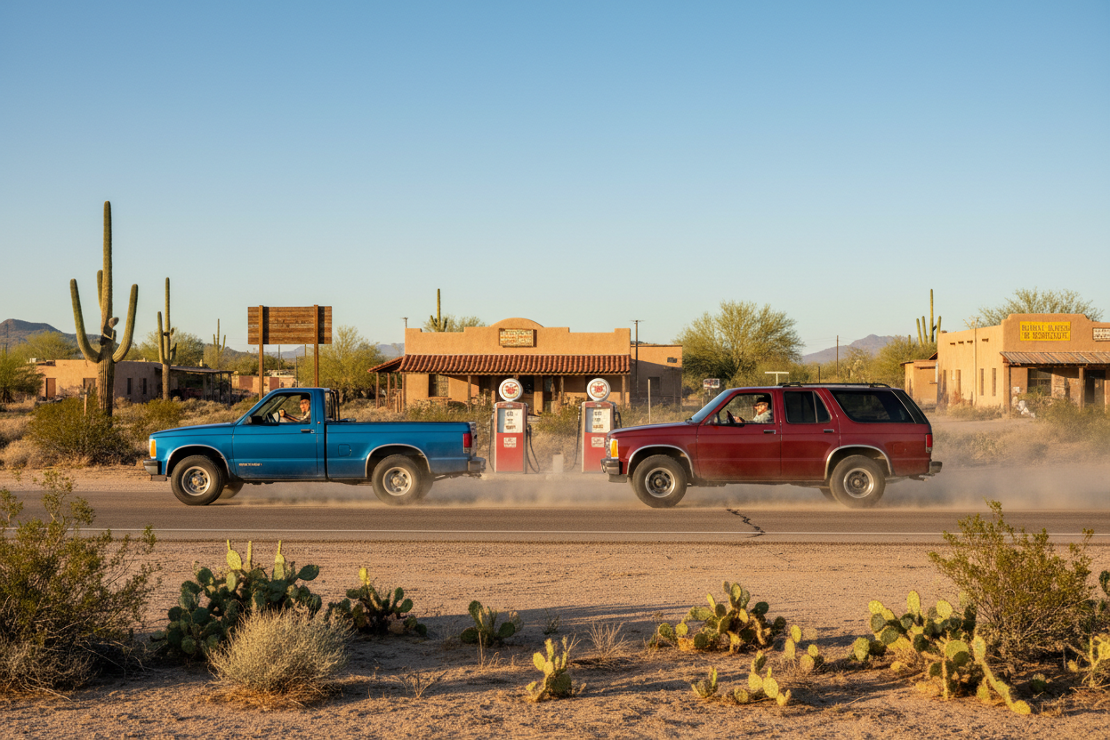 Generate a 1992 Chevrolet S-10 and 1995 Blazer 4.3L driving on the open road, side by side, showing excitement on a small town in the Arizona desert