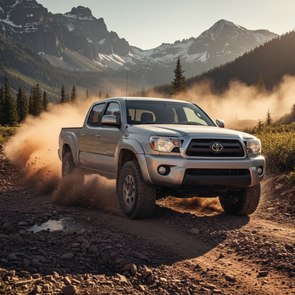 Generate a SQUARE 1:1 ration image of:  Toyota Tacoma (2005-2011)  driving fast through the mountains, with off road tires.