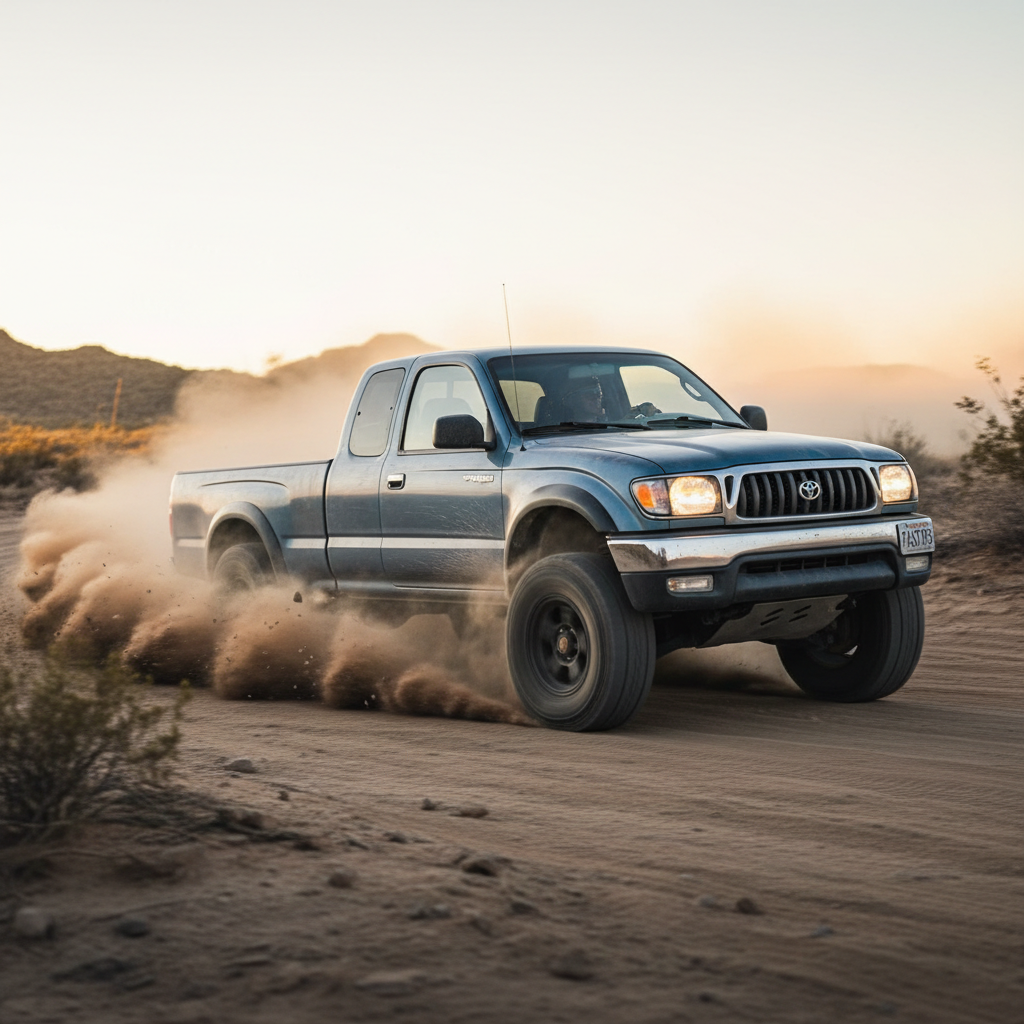 Generate a square image of a Toyota Tacoma (1995-1998) driving fast showing speed