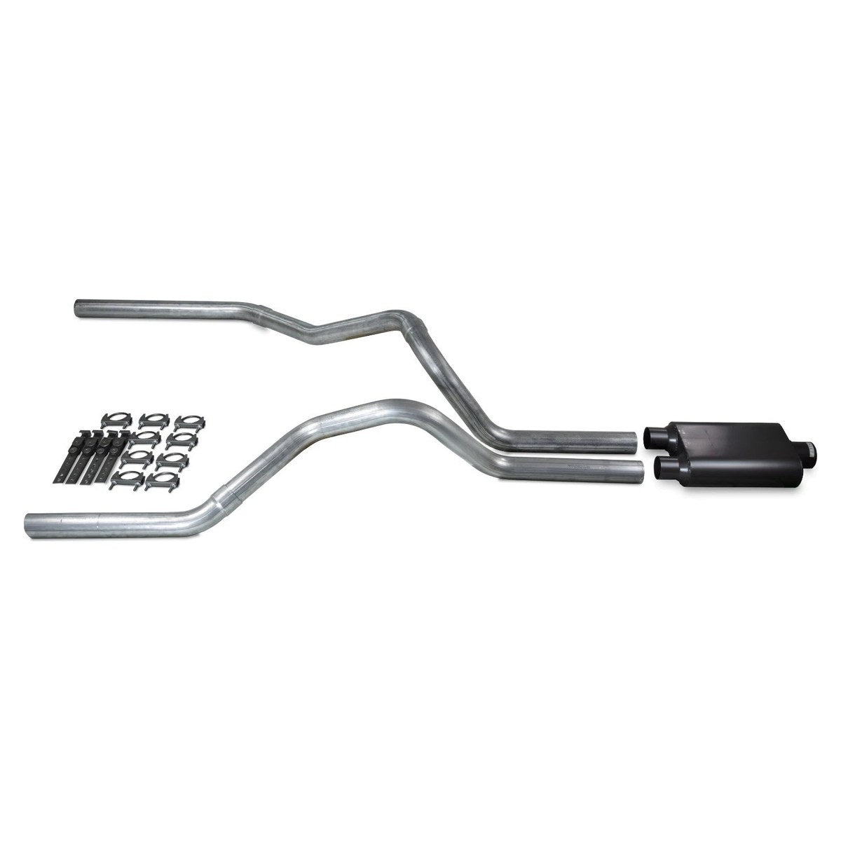 Complete GMC Sierra GMT800 dual exhaust kit laid out - two aluminized tailpipes, black dual-outlet muffler, clamps and hanger straps