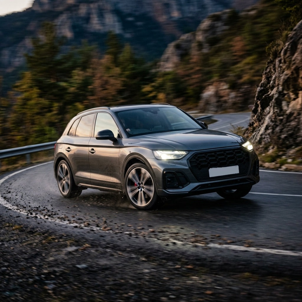 Grey Audi Q5 driving fast on a mountain road