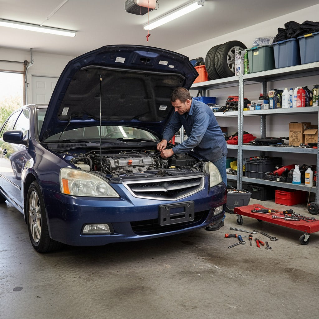 Honda Accord 2003-2007 in a garage with the bonnet open for the air intake install