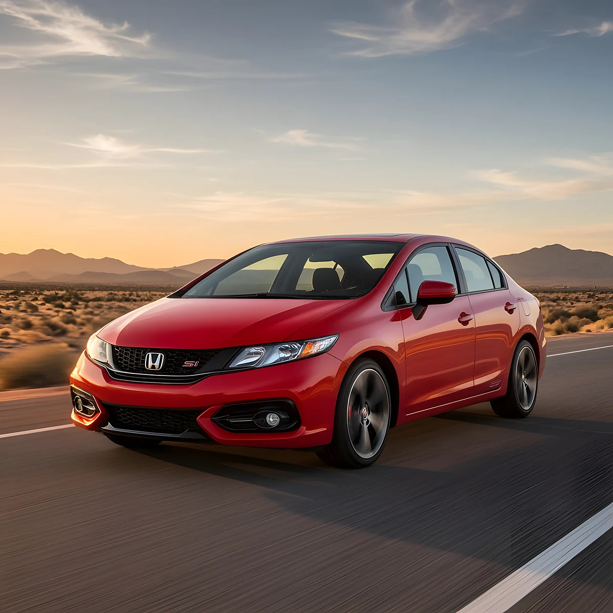 2013-2015 Honda Civic Si sedan driving on a desert highway at sunset