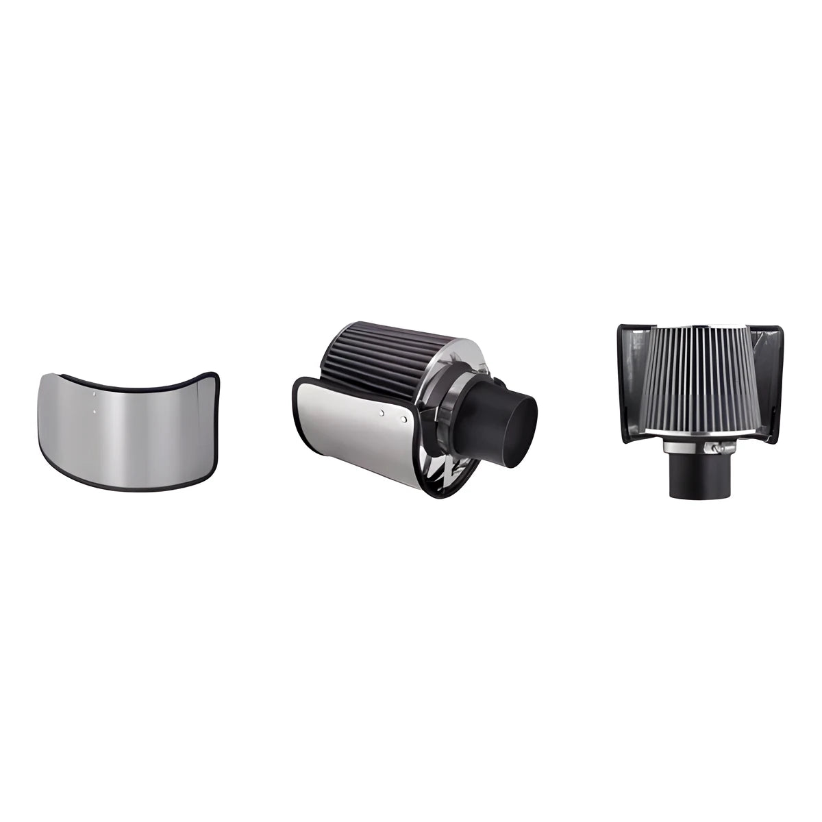 Stainless steel heat shield and chrome cone air filter from the Hyundai Veloster / Accent 1.6L cold air intake kit