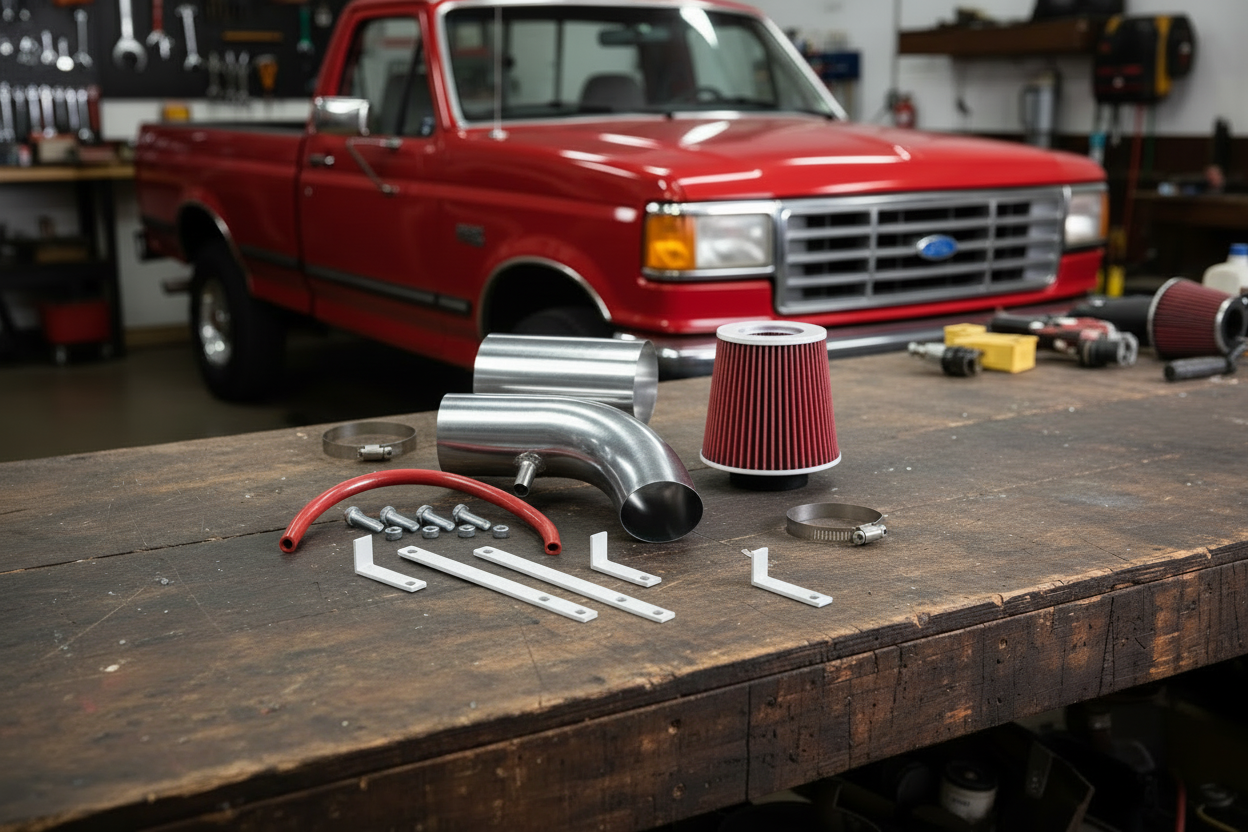 Car air intake system components including pipes, clamps, and red and silver filters on a white background.