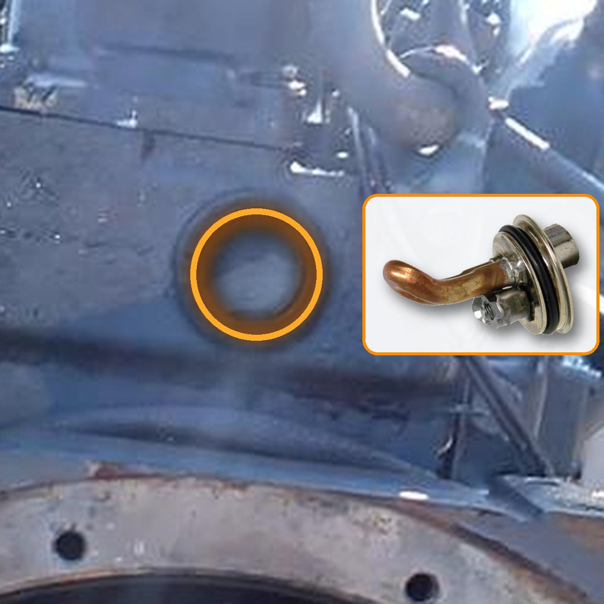 Rear cylinder head core plug on a Kubota V2203 diesel engine highlighted, with the 35mm block heater shown at true scale