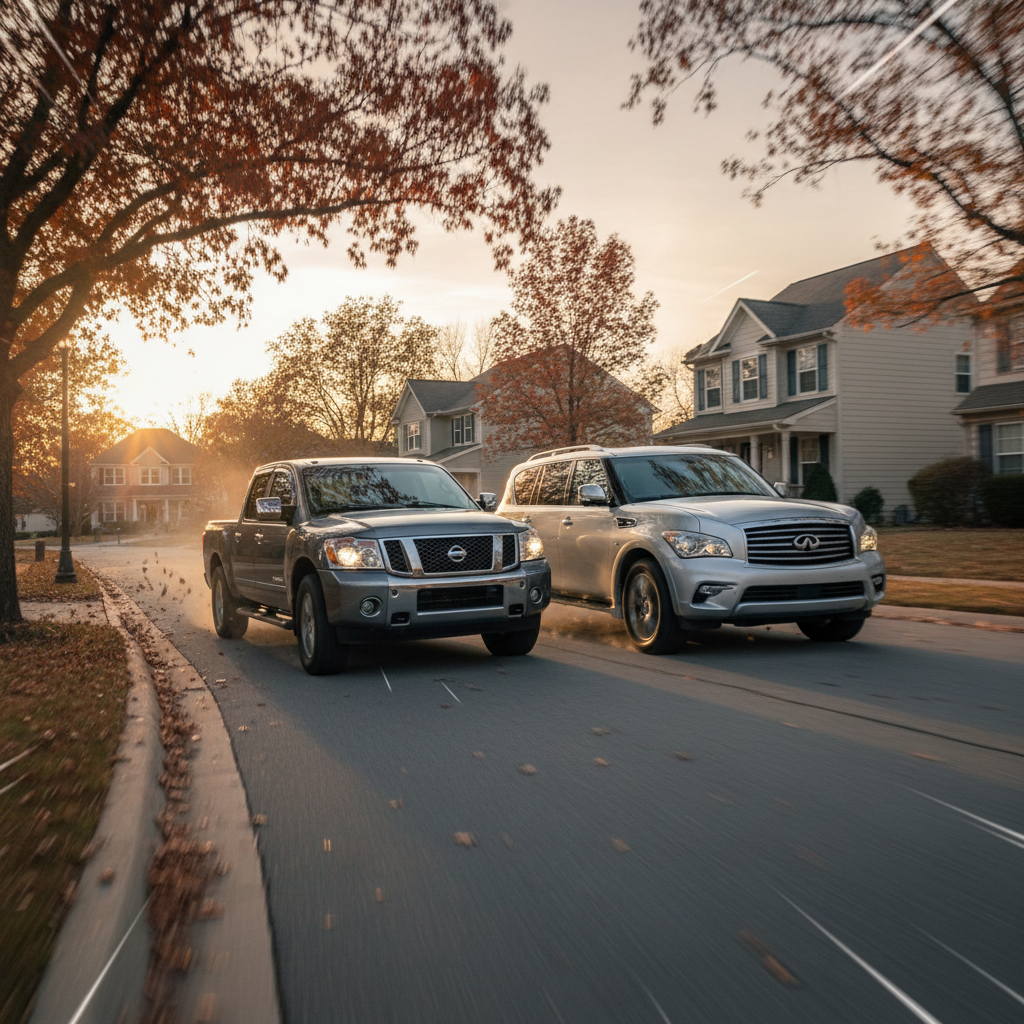 make a square image of a Nissan Titan, Armada & Infinity QX56 2015 5.6L driving fast in the neighborhood, showing excitement