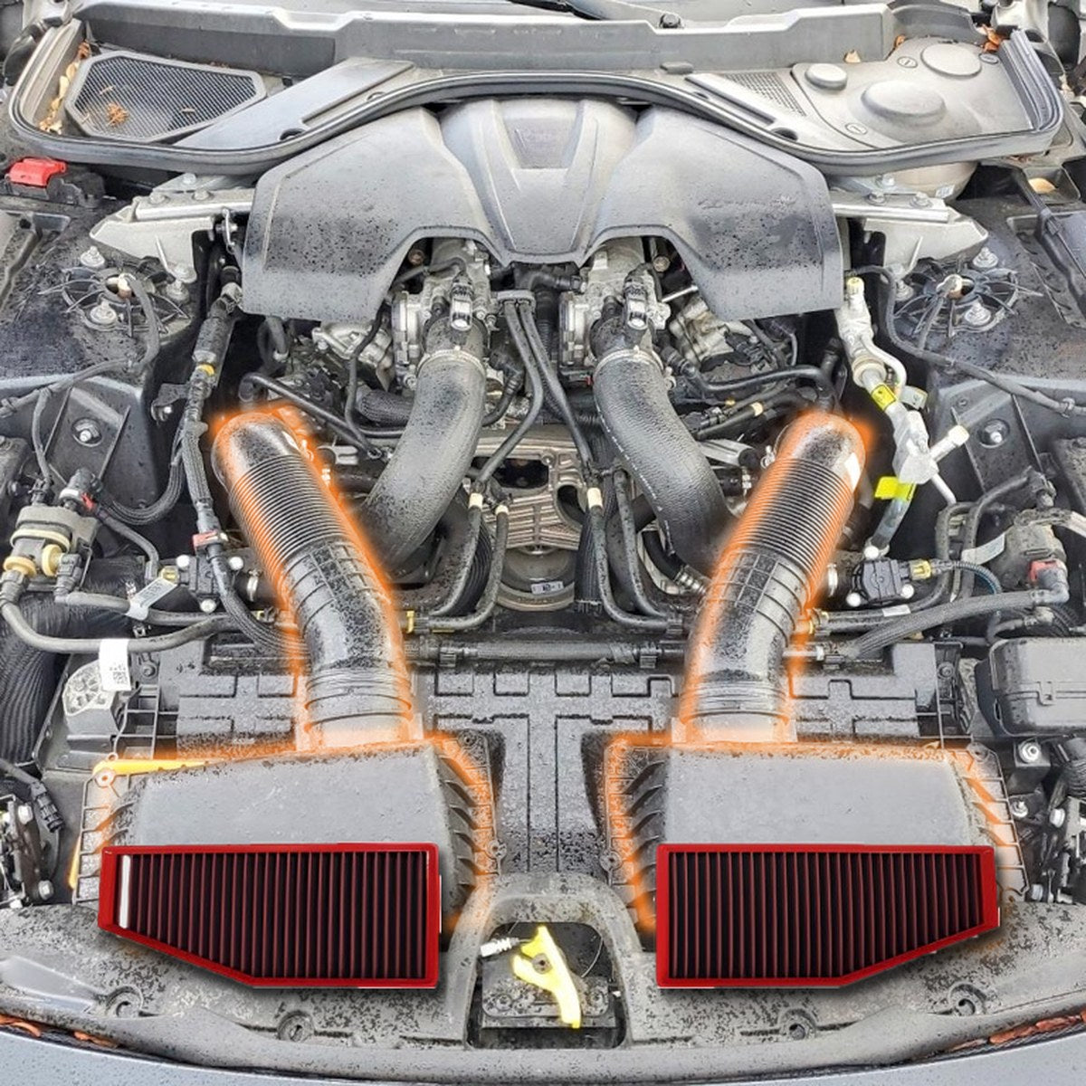 Maserati GranTurismo 3.0 V6 engine bay with both air filter boxes highlighted and the BMC performance filters that fit them