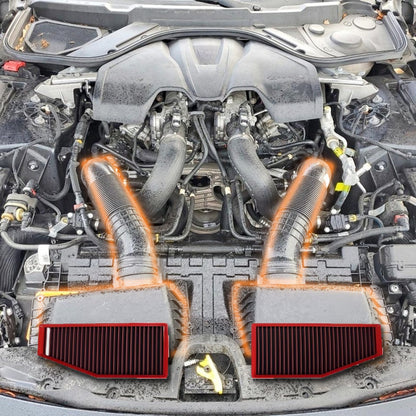 Maserati GranTurismo 3.0 V6 engine bay with both air filter boxes highlighted and the BMC performance filters that fit them