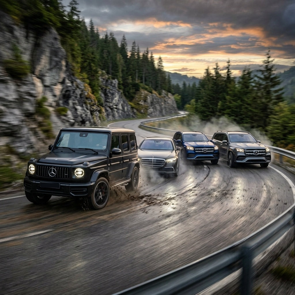 Mercedes-Benz G-Class and SUVs driving fast on a wet mountain road