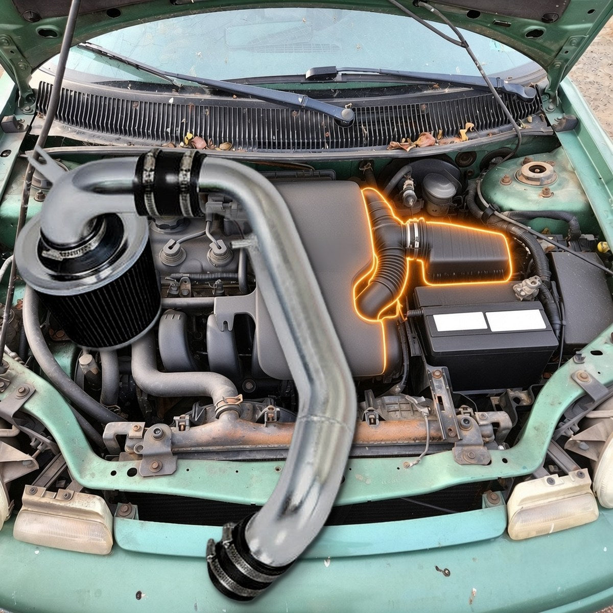 1998 Neon 2.0L SOHC engine bay with the factory air box and intake duct highlighted and the chrome intake kit that replaces them