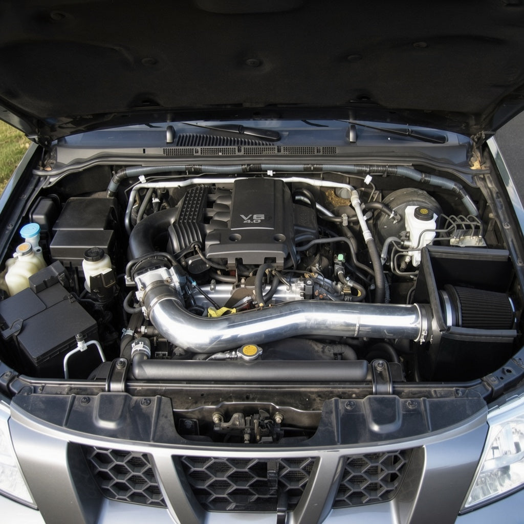 Cold air intake installed in a Nissan Frontier 4.0L V6 engine bay