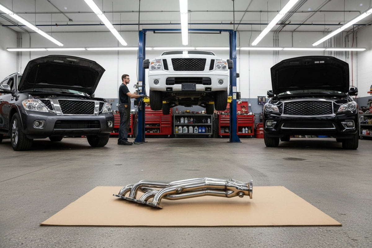Nissan trucks in a workshop with manifold headers