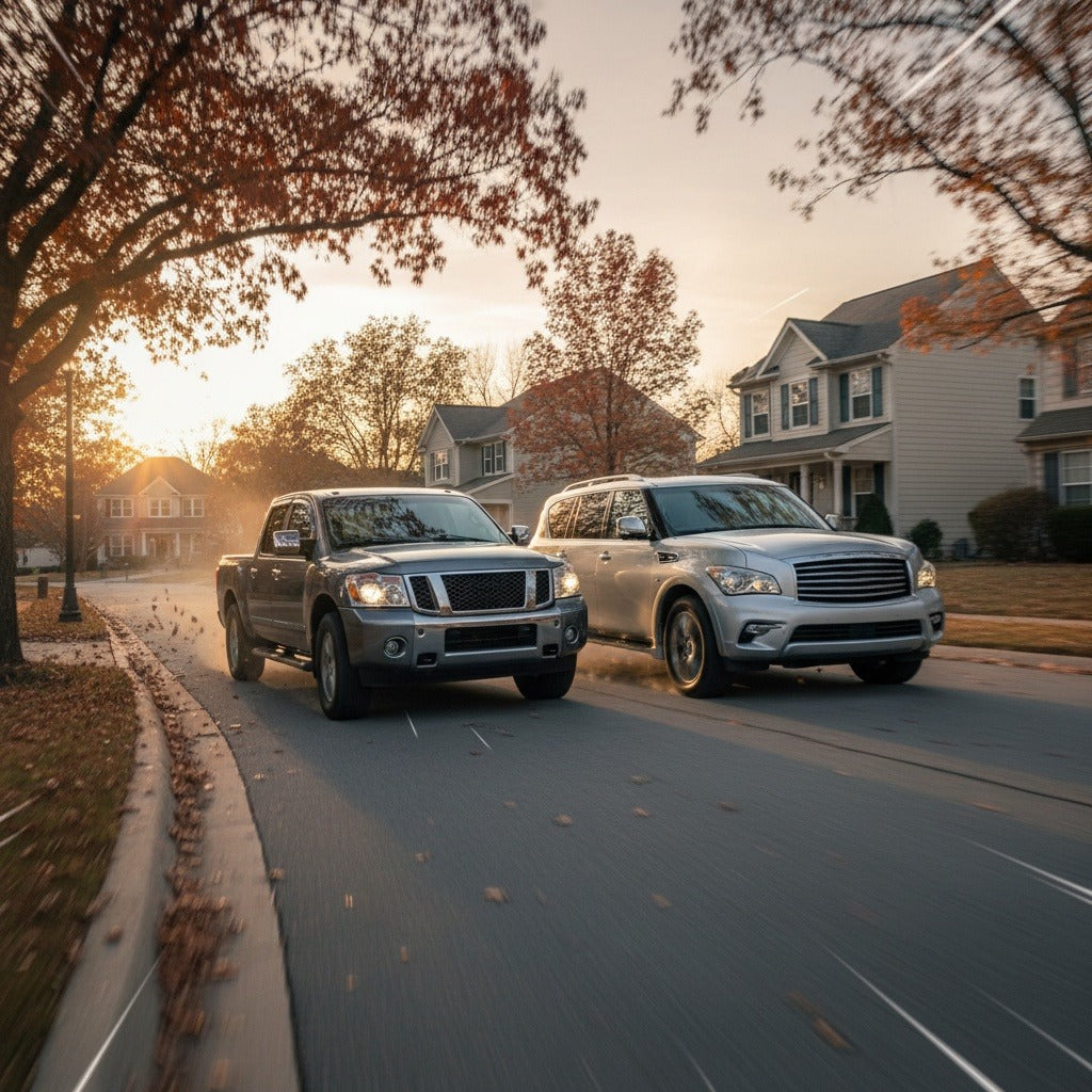 Nissan Titan and Infiniti QX56 on an autumn street