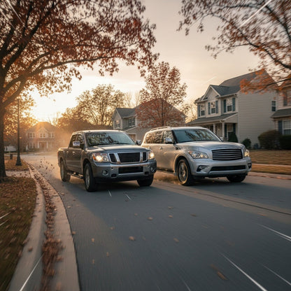 Nissan Titan and Infiniti QX56 on an autumn street