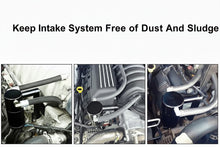 Illustration of a car engine with text 'Keep Intake System Free of Dust And Sludge'.