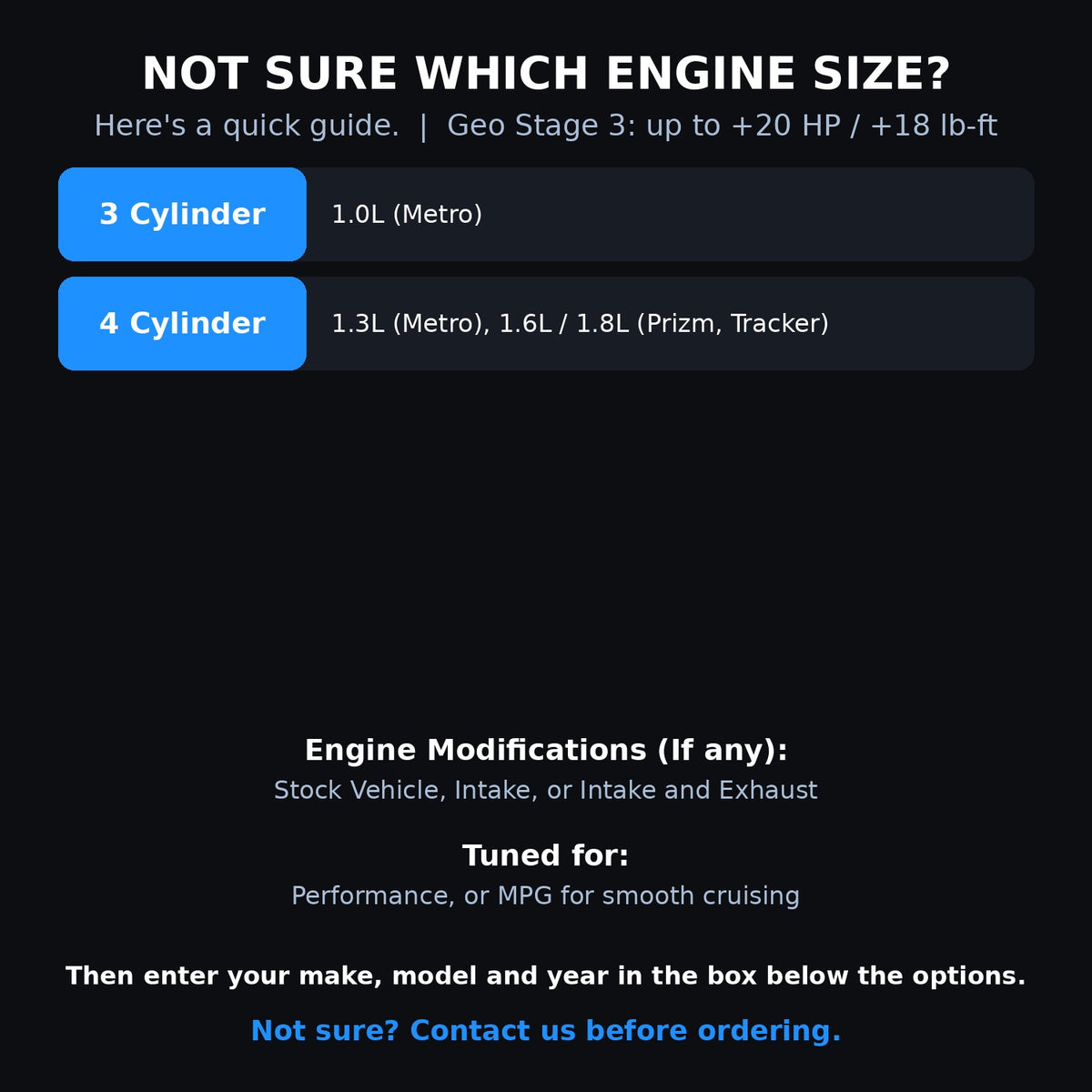 Choosing your engine size and options for a Geo
