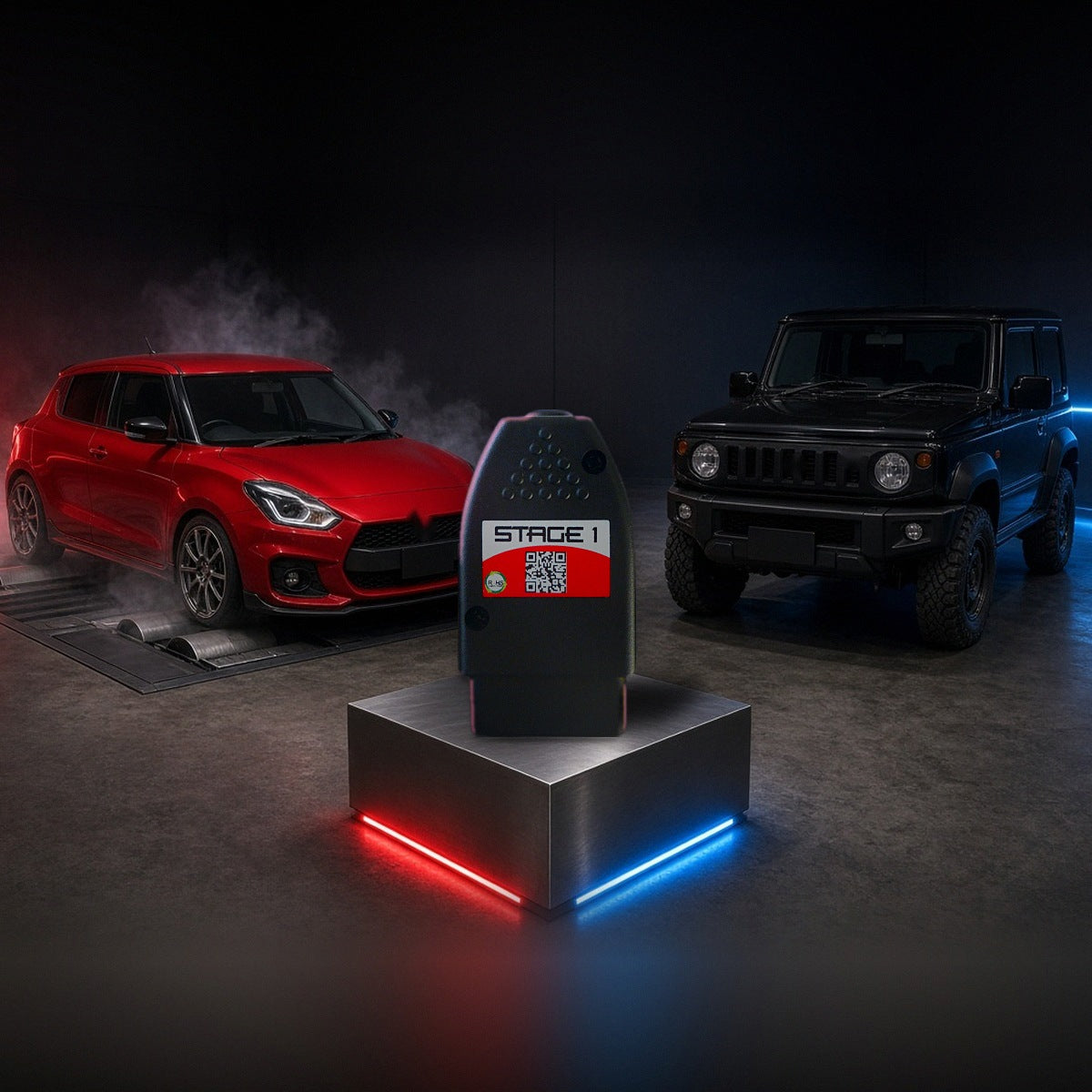 Stage 1 performance chip on a pedestal with a Suzuki Swift Sport and Jimny in a dyno shop
