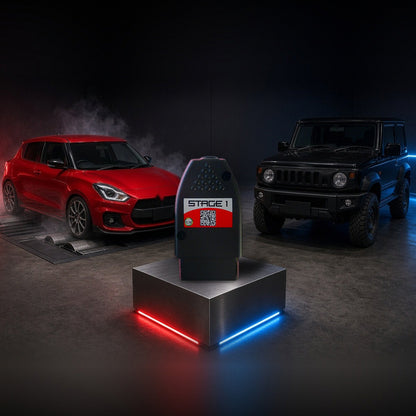 Stage 1 performance chip on a pedestal with a Suzuki Swift Sport and Jimny in a dyno shop