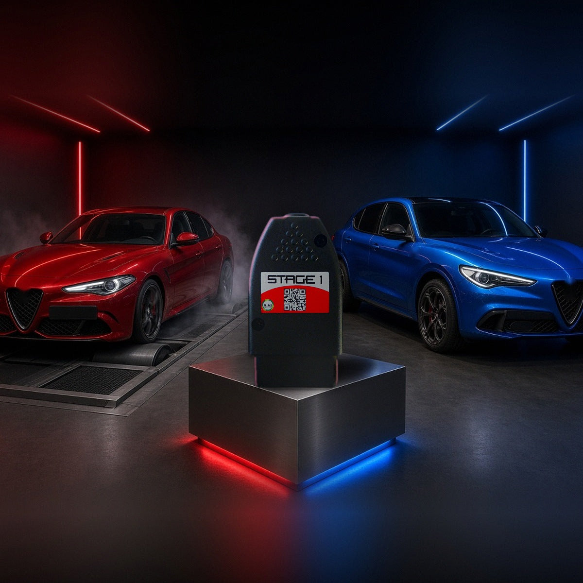 Stage 1 performance chip on a pedestal with an Alfa Romeo Giulia and Stelvio in a dyno shop