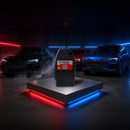 Stage 1 performance chip on a pedestal with an Audi RS5, A4 and Q5 in a dyno shop