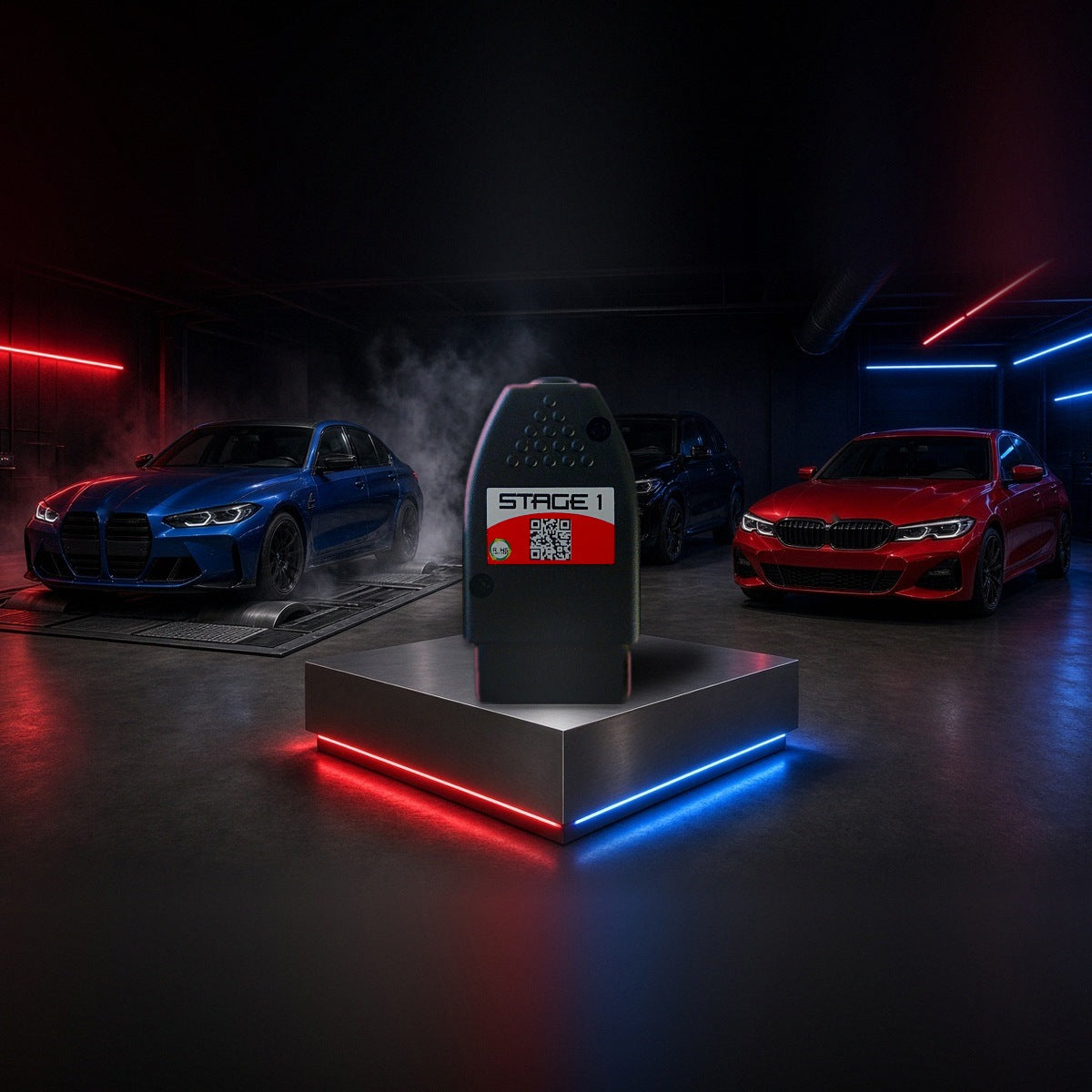 Stage 1 performance chip on a pedestal with a BMW M3, X5 and 3 Series in a dyno shop